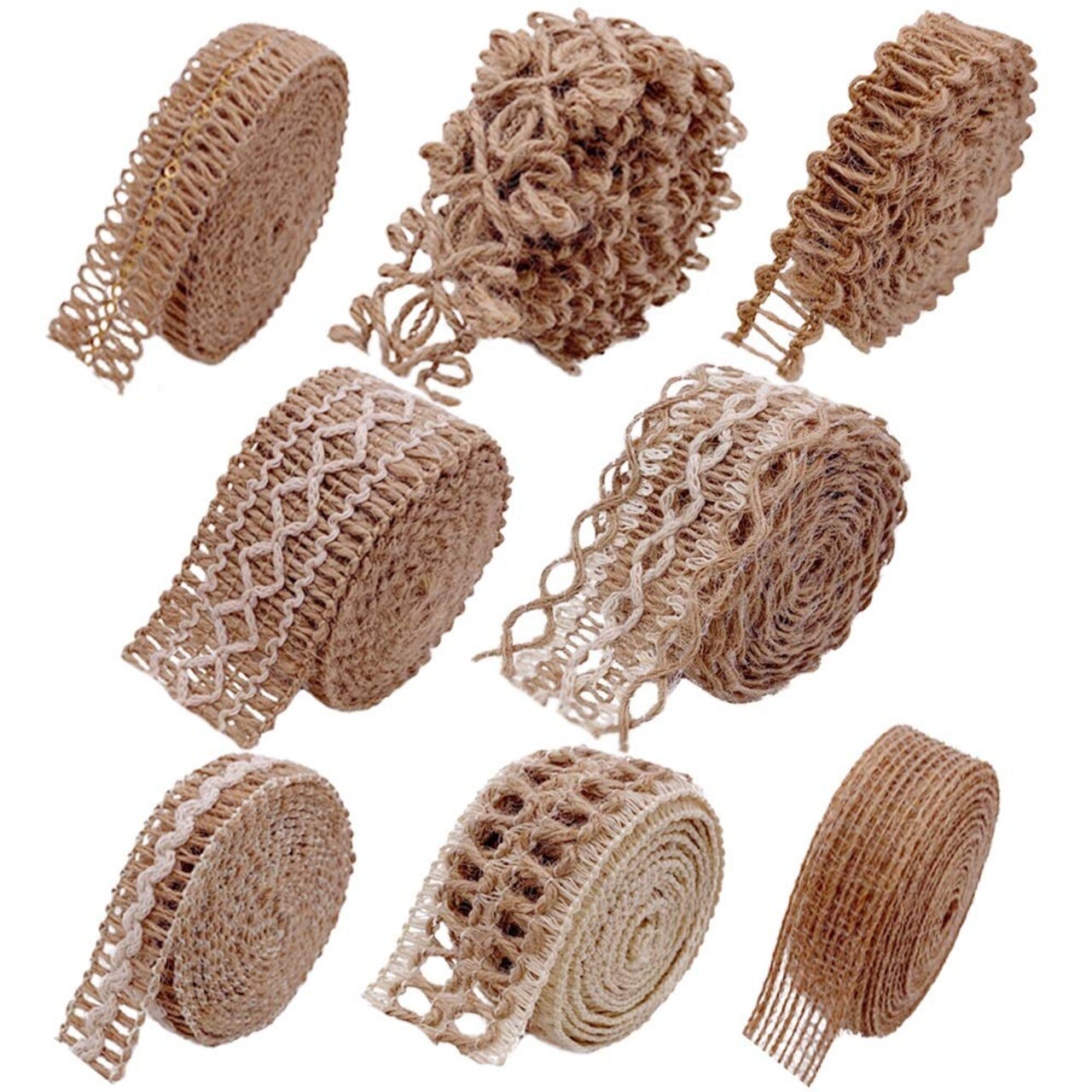 Ribbons,8 Rolls Burlap Lace Burlap Wedding Ribbon Natural Jute Rope Twine String for Crafts Gift Wrapping Wedding Party Home Decoration(17.6 Yards)